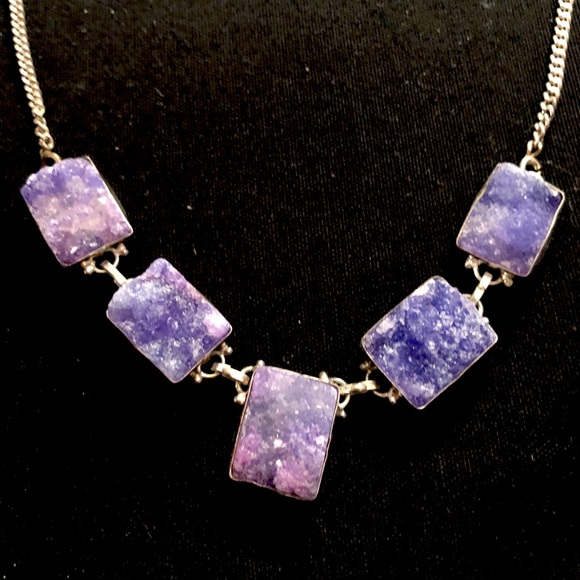 Purple Druzy Stone Necklace silver tone chain NWOT - Picture 2 of 6